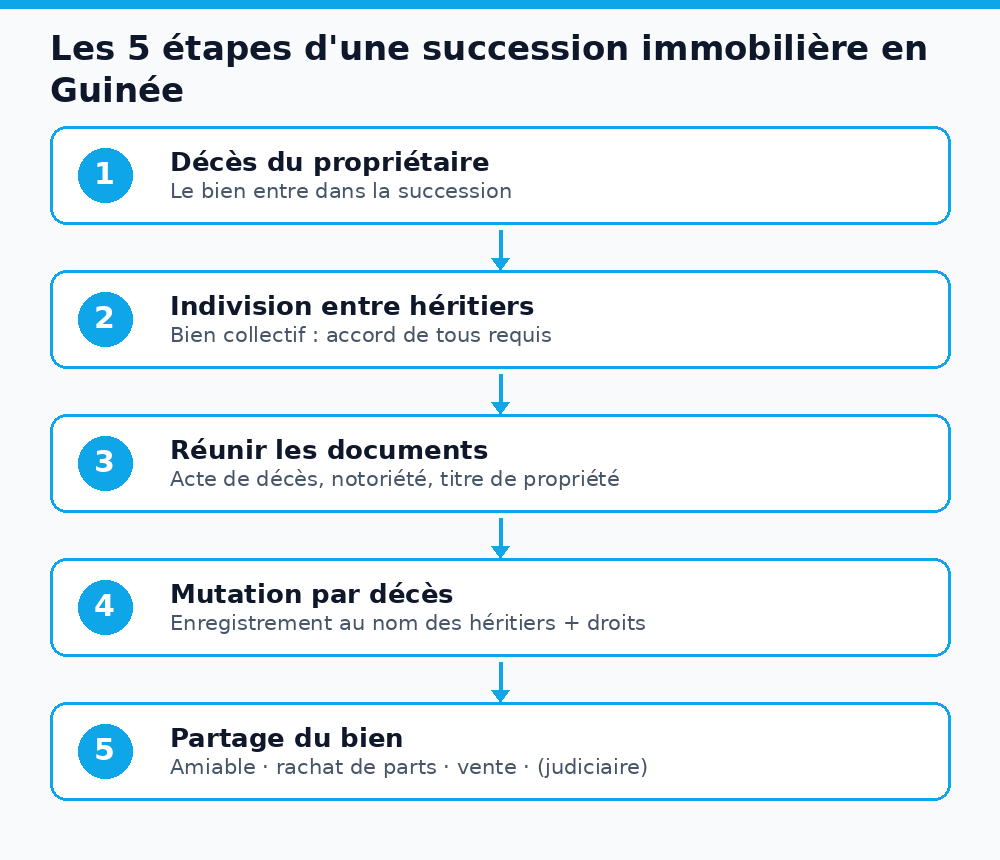 Schéma des 5 étapes d'une succession immobilière en Guinée : décès, indivision, documents, mutation, partage