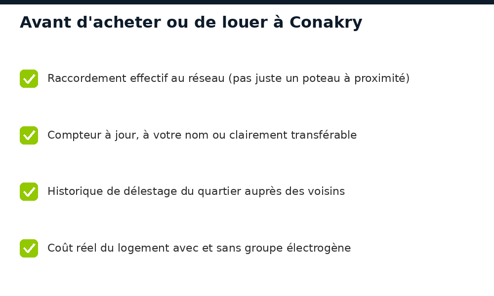 Checklist des points à vérifier sur l'électricité avant d'acheter ou louer à Conakry