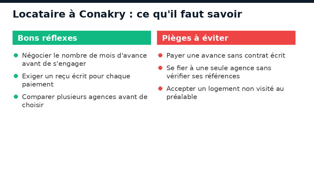 Tableau comparatif des bons réflexes et pièges à éviter pour un locataire à Conakry