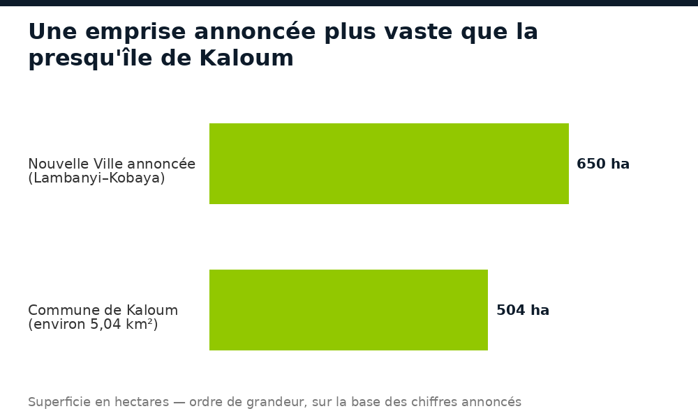 Comparaison de superficie : 650 hectares annoncés pour la Nouvelle Ville contre environ 504 hectares pour Kaloum